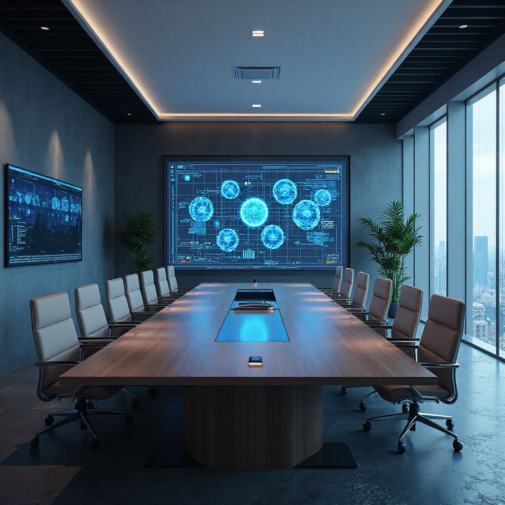 Sala conferenze AI Future con tecnologia avanzata